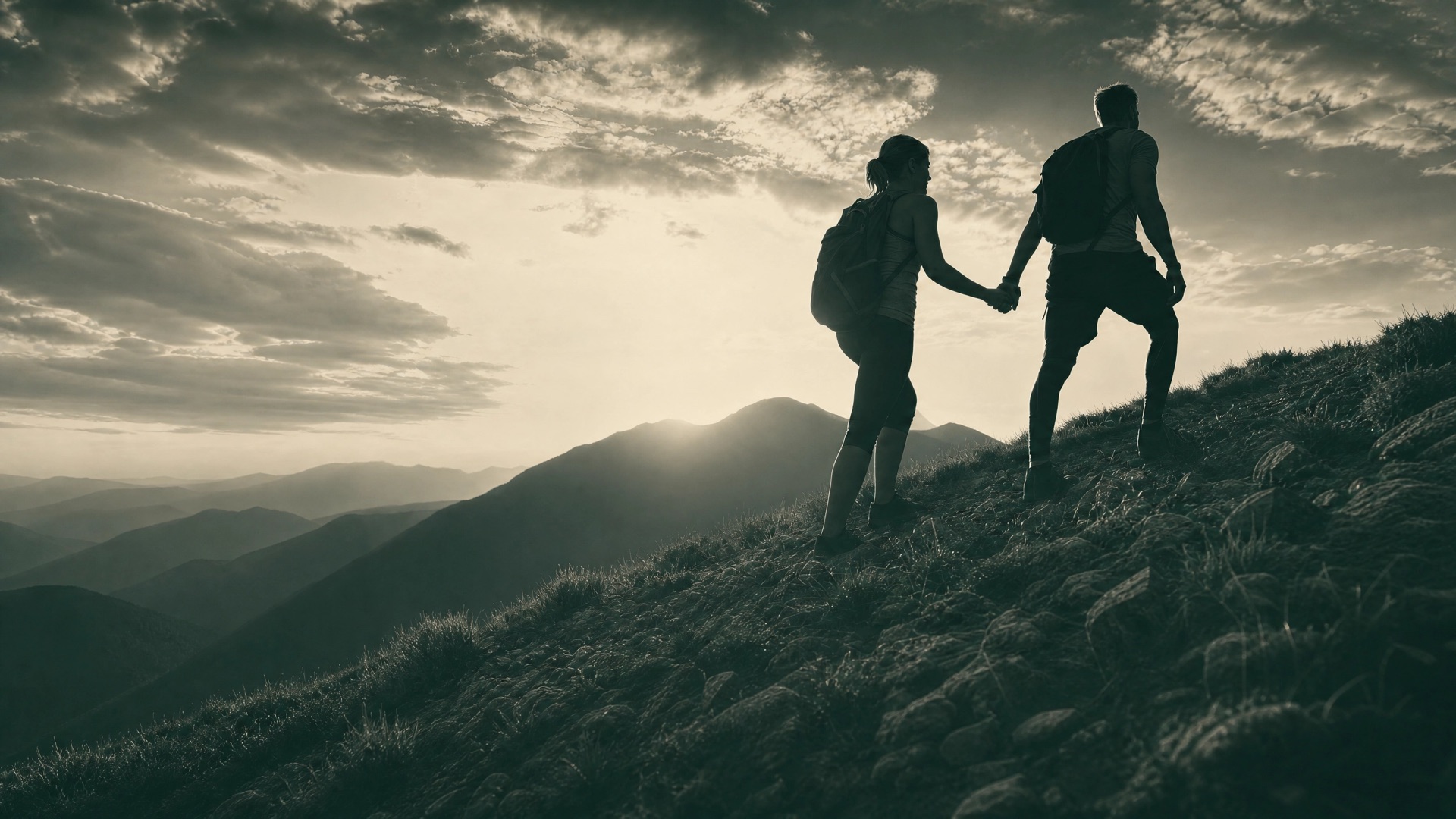 Two adults walking together on a mountain trail