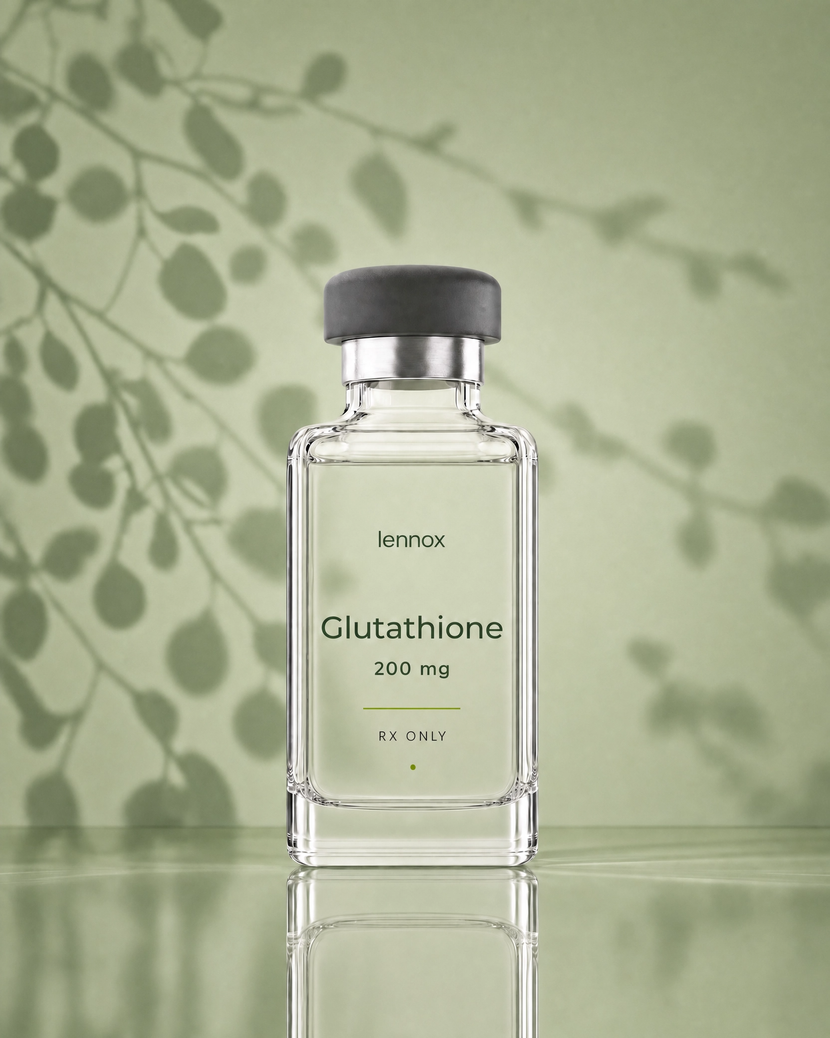 Lennox Glutathione 200 mg vial on a soft green botanical background