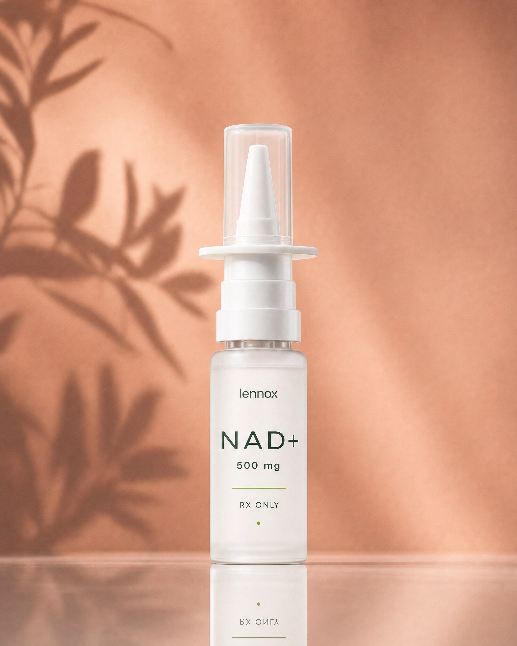 Lennox NAD+ 500 mg prescription nasal spray on a warm botanical background