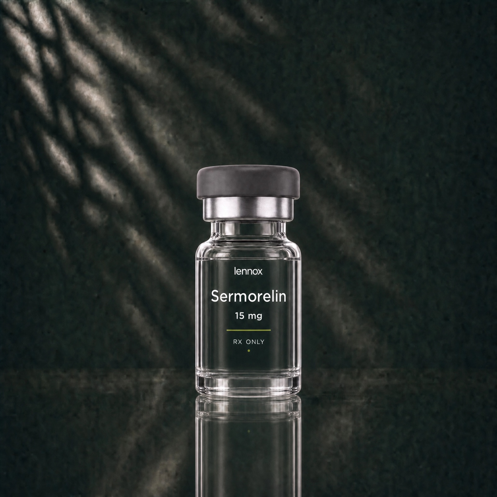 Lennox Sermorelin vial centered on a muted stone-colored background