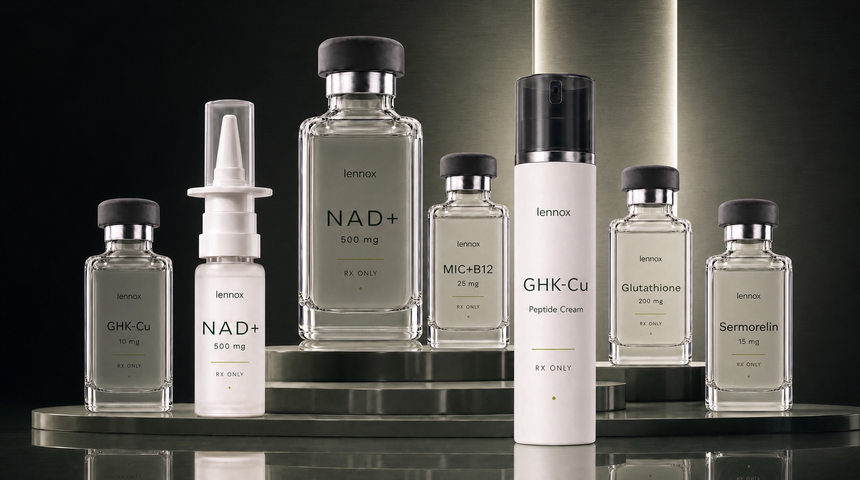 A collection of Lennox treatment vials and topical products arranged in a dark clinical studio