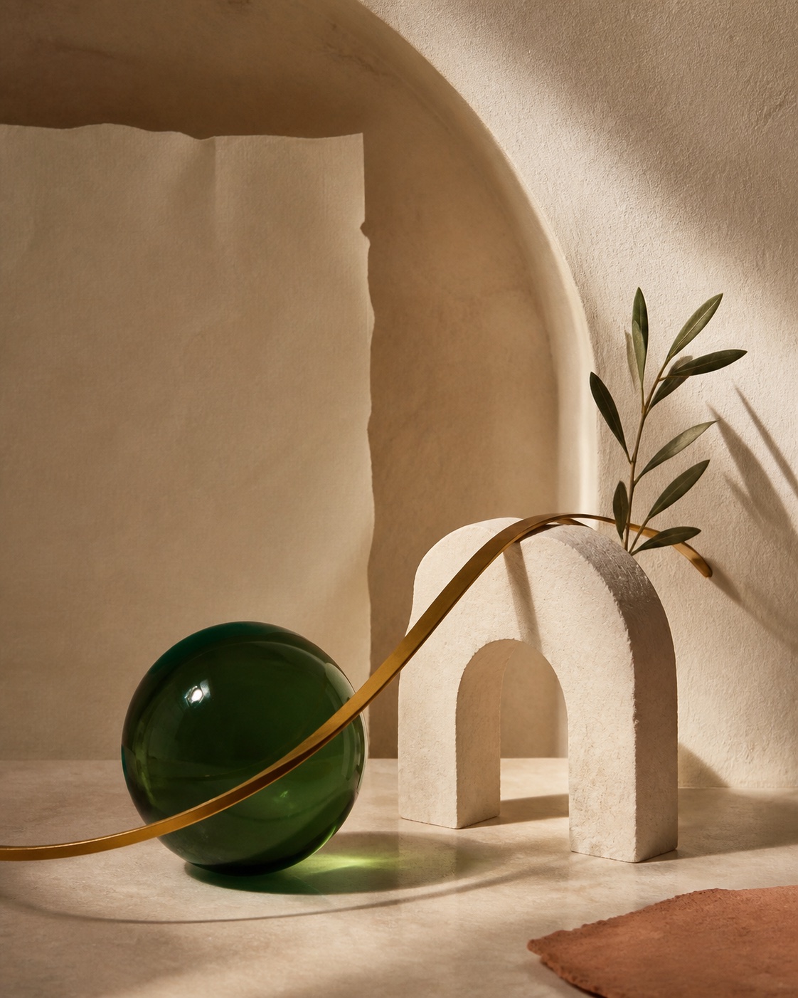 Forest green glass, cream stone, and a brass ribbon arranged in a warm editorial still life